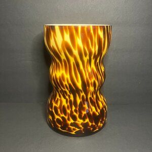 VTG Hand Blown Art Glass Amber Tortoise Shell Cheetah Spot Wide Mouth Vase 7.75"